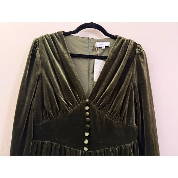 NWT Rihoas Olive Green Velvet Midi Dress Long Sleeve Button Waist  M
